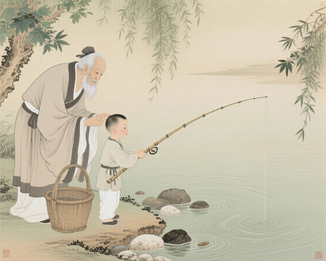 A grandfather teaching his grandson to fish from a quiet riverbank