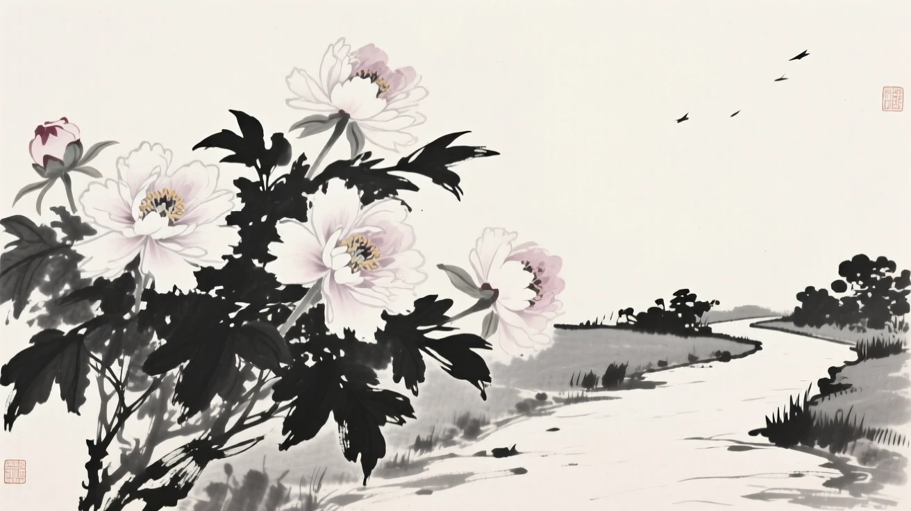 A cluster of peonies in full bloom beside a quiet garden path, seen from a low angle looking upward, capturing a delicate, transient moment in bloom.