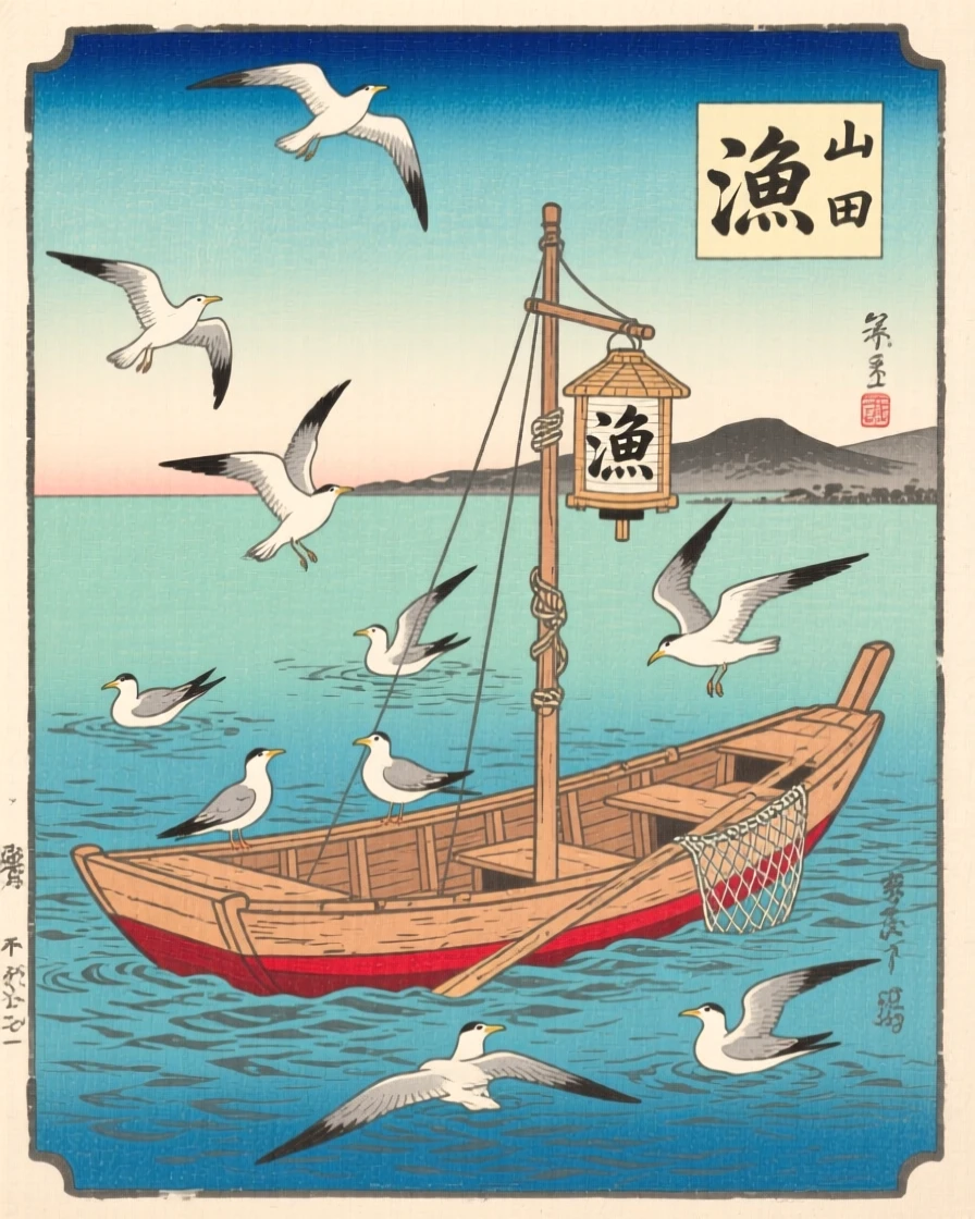 A small wooden fishing boat surrounded by circling seabirds, beneath a clear midday sky.