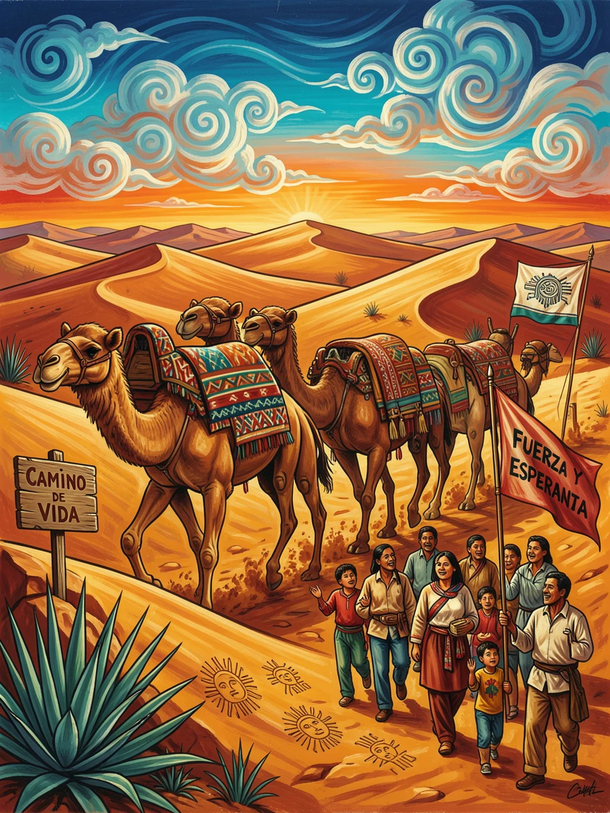 A camel caravan crossing golden desert dunes