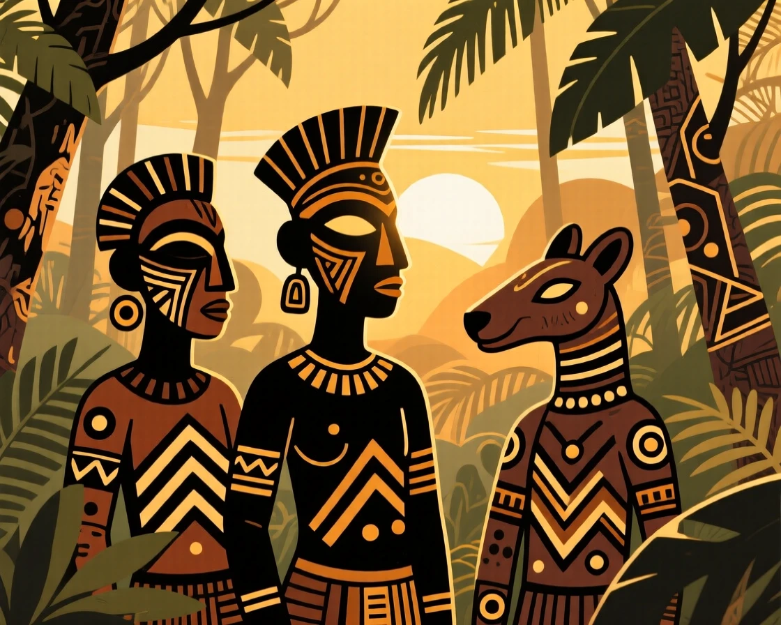 A dense tropical forest bathed in the golden light of sunrise.
