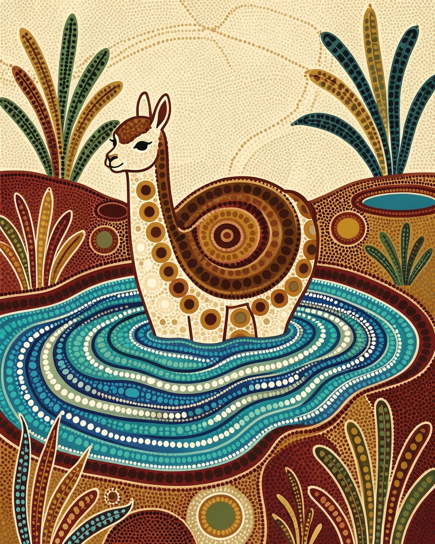 A vicuna bathing in a shallow river