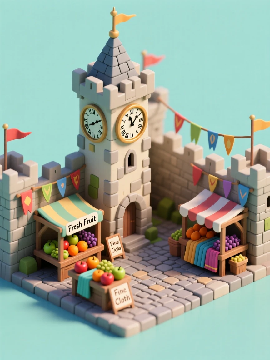 A miniature medieval walled city with cobblestone streets, a central clock tower, market stalls selling fruit and cloth, and banners fluttering from every rampart.