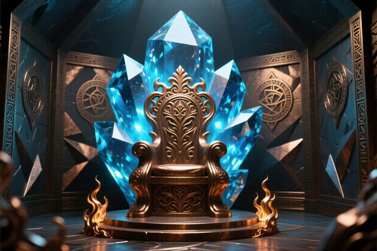 A hidden throne room carved from a single sapphire, glowing with magical, luminous light, transporting the viewer to another world