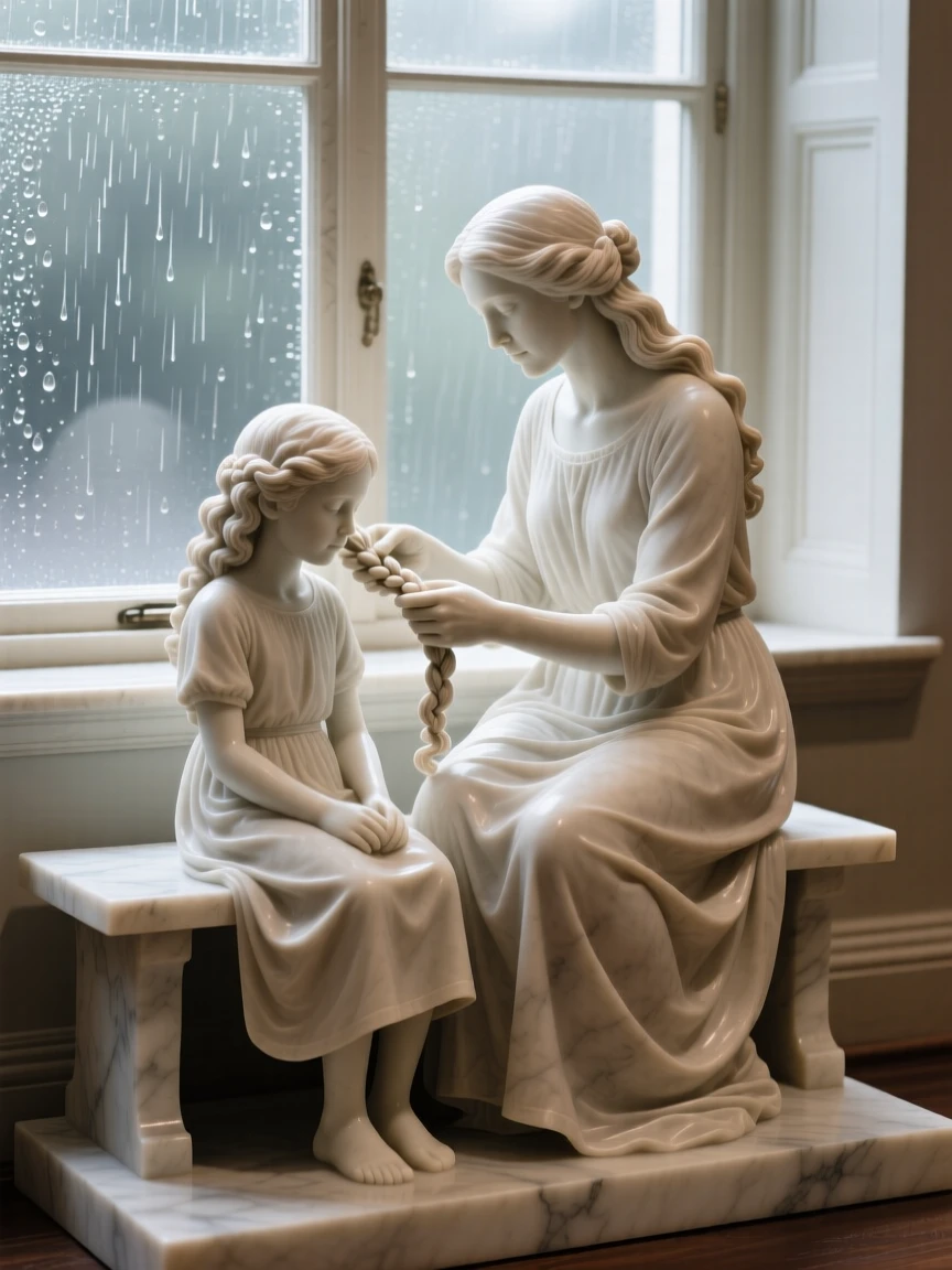 A tender portrait of a mother braiding her daughter's hair, sitting quietly by a window, with a rain-streaked window behind them, evoking warmth and humanity