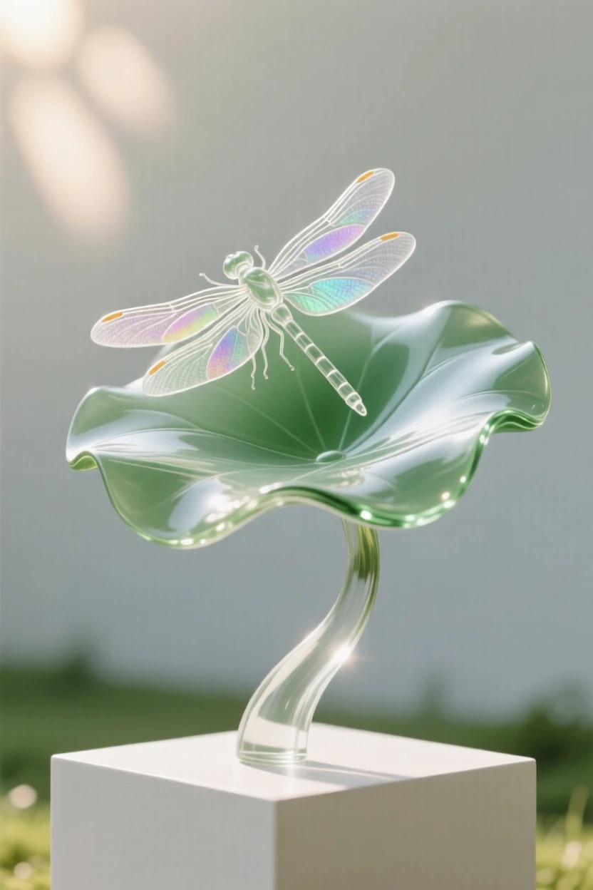 A dragonfly on a lotus leaf resting peacefully in a sunlit meadow scattered with wildflowers, a gentle breeze bending the grass, evoking warmth and tranquility.