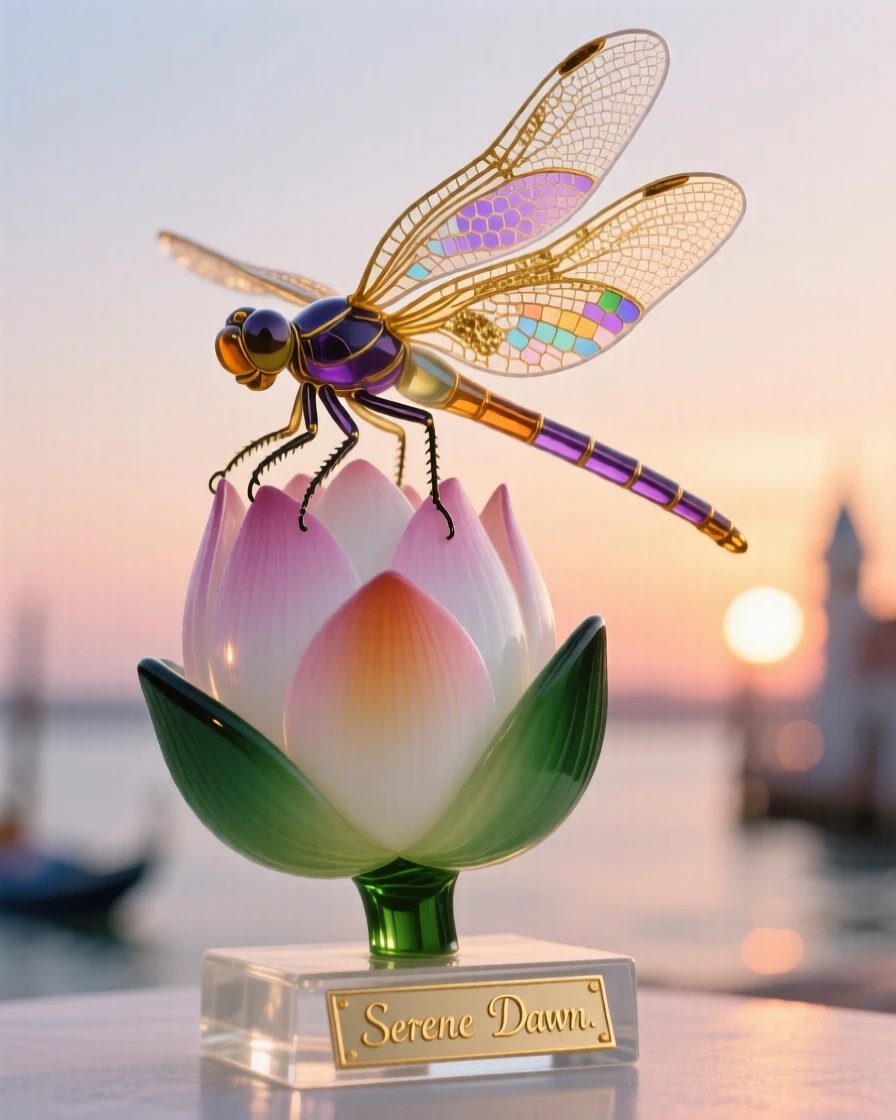A single dragonfly resting on a lotus bud at sunrise, delicate and serene.