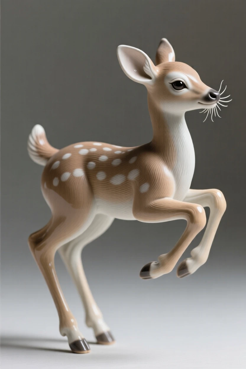 A fawn caught in a playful leap, with delicate whiskers catching the light, evoking a quiet sense of wild dignity.