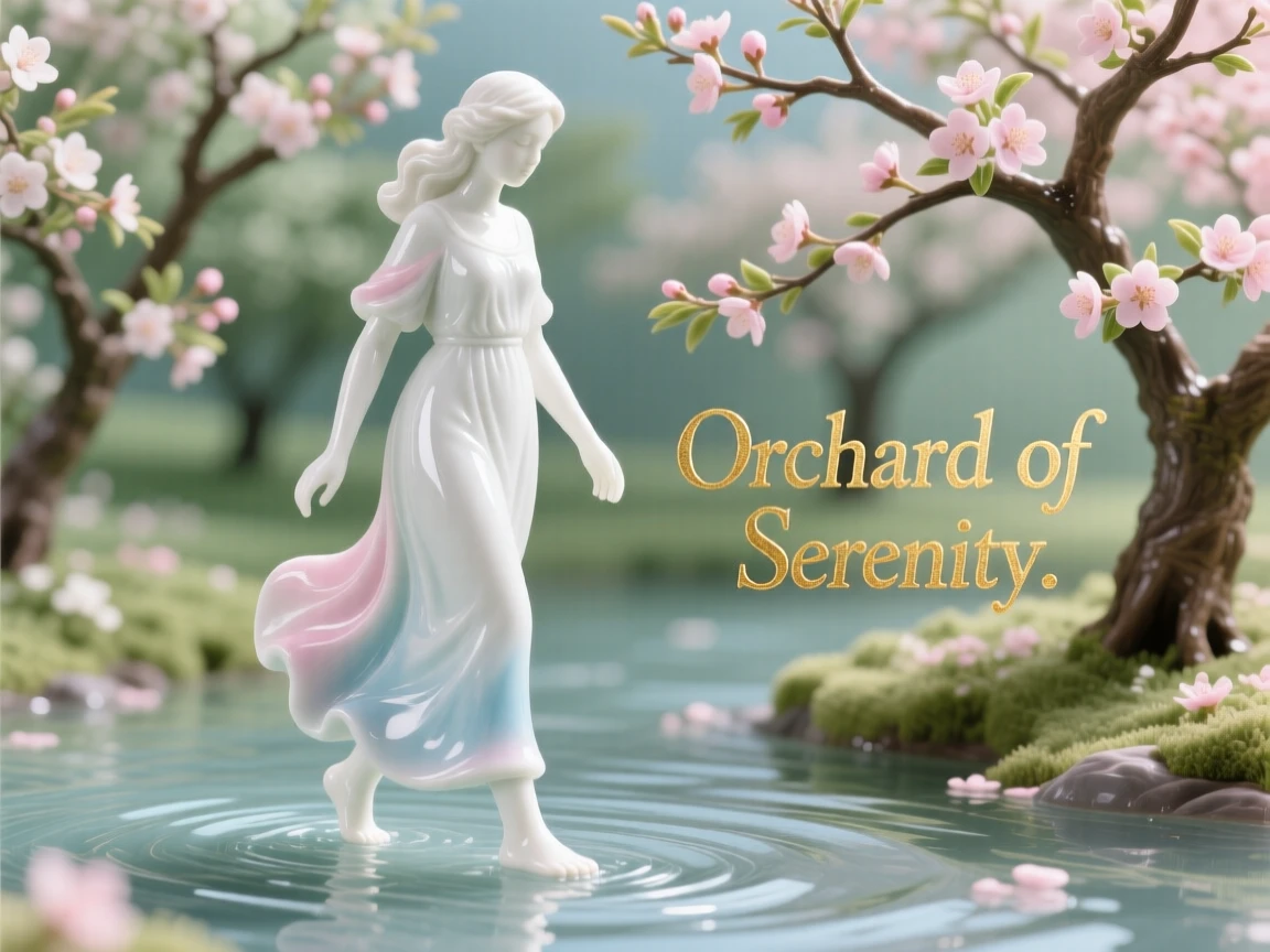 A radiant shepherdess walking barefoot through shallow water in a blooming orchard, her expression calm and thoughtful.