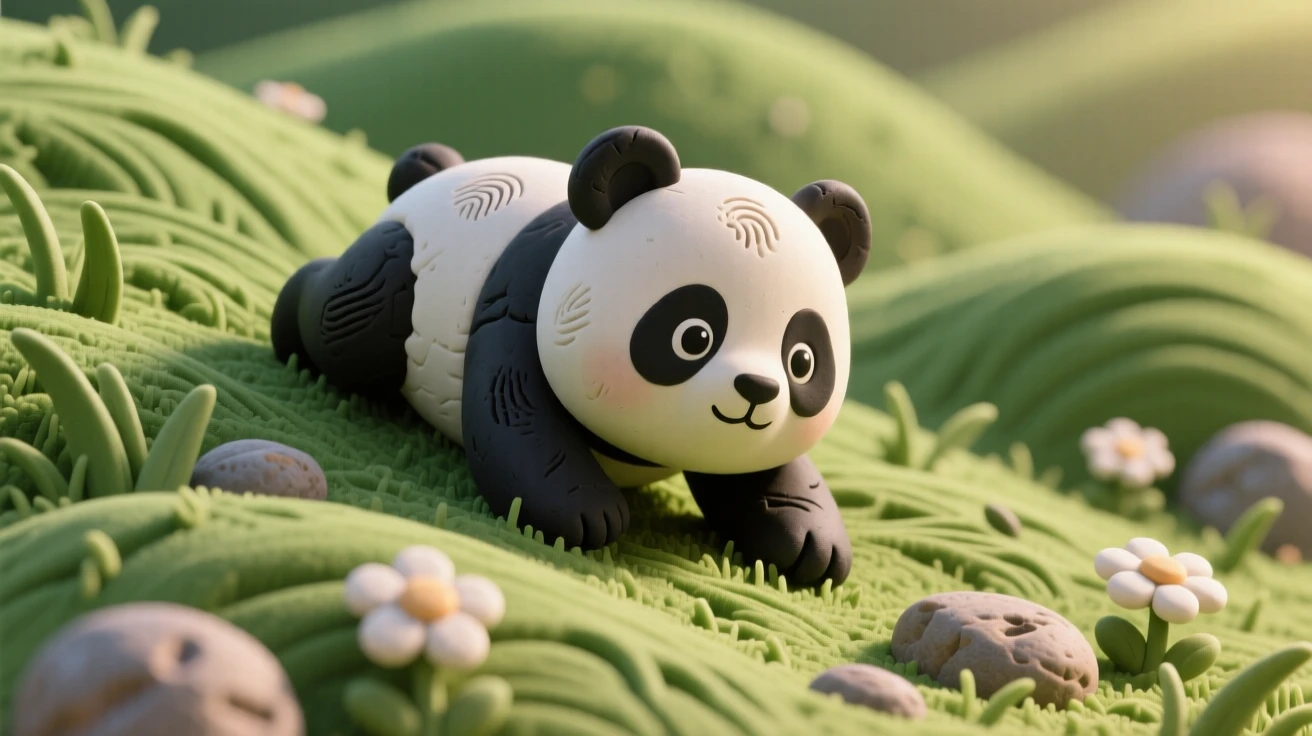 A baby panda tumbling down a gentle grassy slope