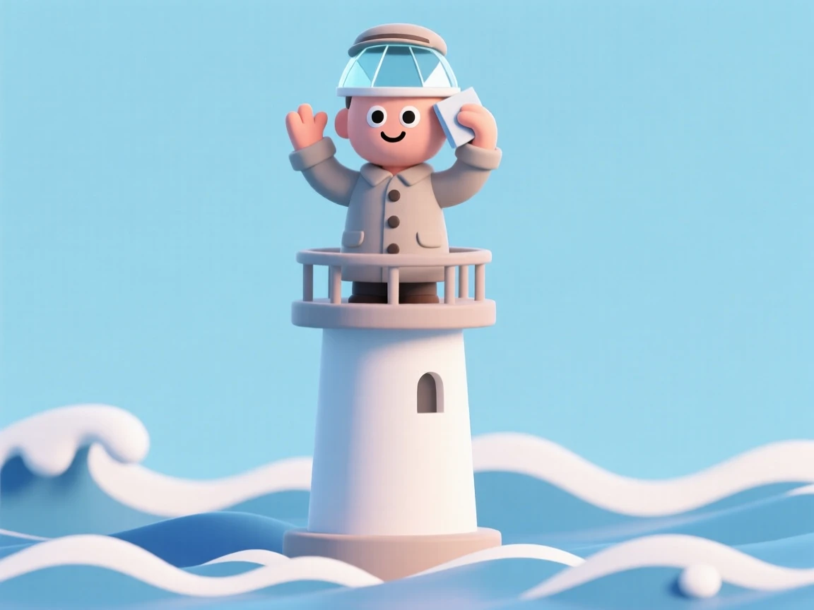 A cheerful lighthouse keeper polishes the great glass lens at the top of a tall tower overlooking crashing waves.