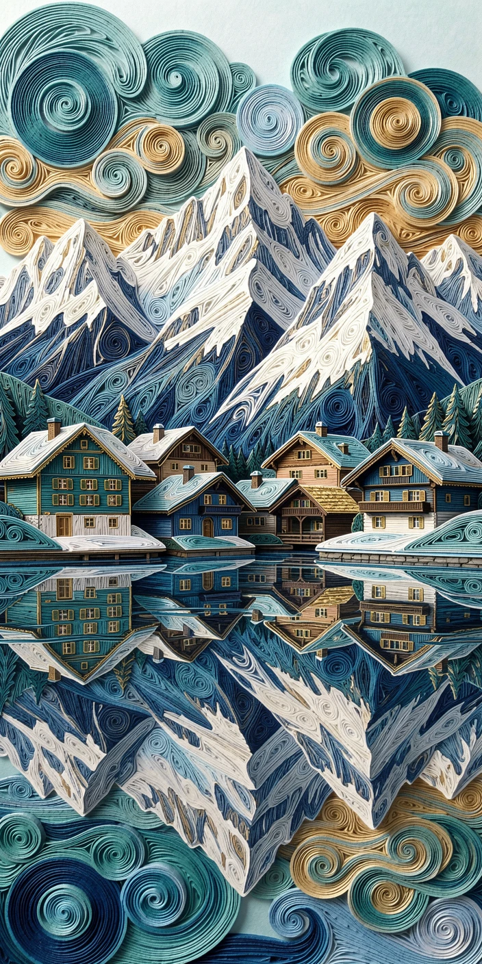 A breathtaking view of a Swiss alpine village nestled beneath snowy peaks beneath dramatic clouds catching the last light of day, in a rich palette of blue, teal, and gold, shown reflected symmetrically in calm water below.