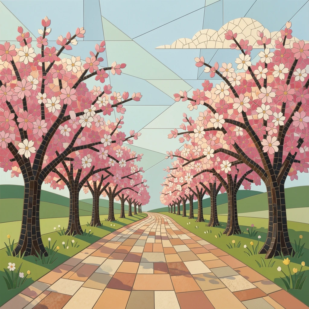 A quiet countryside road lined with blossoming cherry trees.