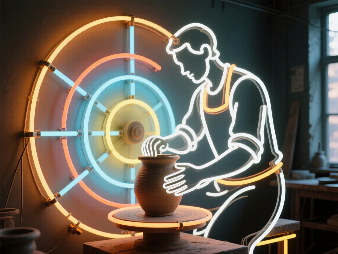 A potter shaping clay on a spinning wheel in a sunlit studio.