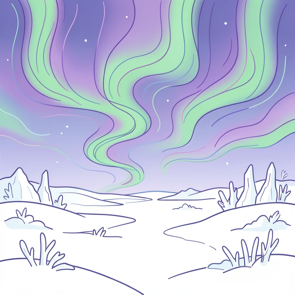 A frozen tundra landscape with the aurora borealis rippling in green and violet overhead.
