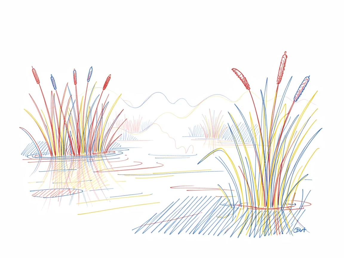 A quiet wetland at sunrise, mist rising off still water among reeds and cattails