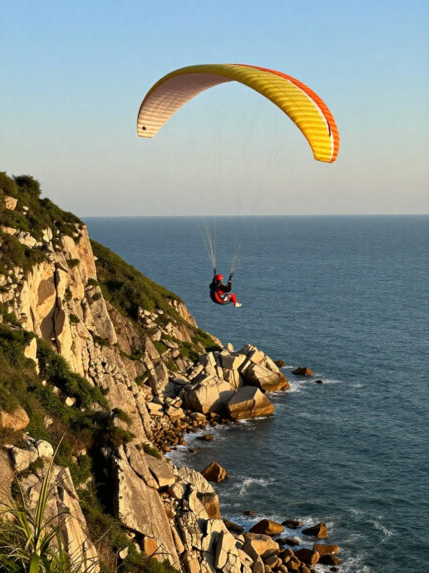 A paraglider soaring above a coastal cliff