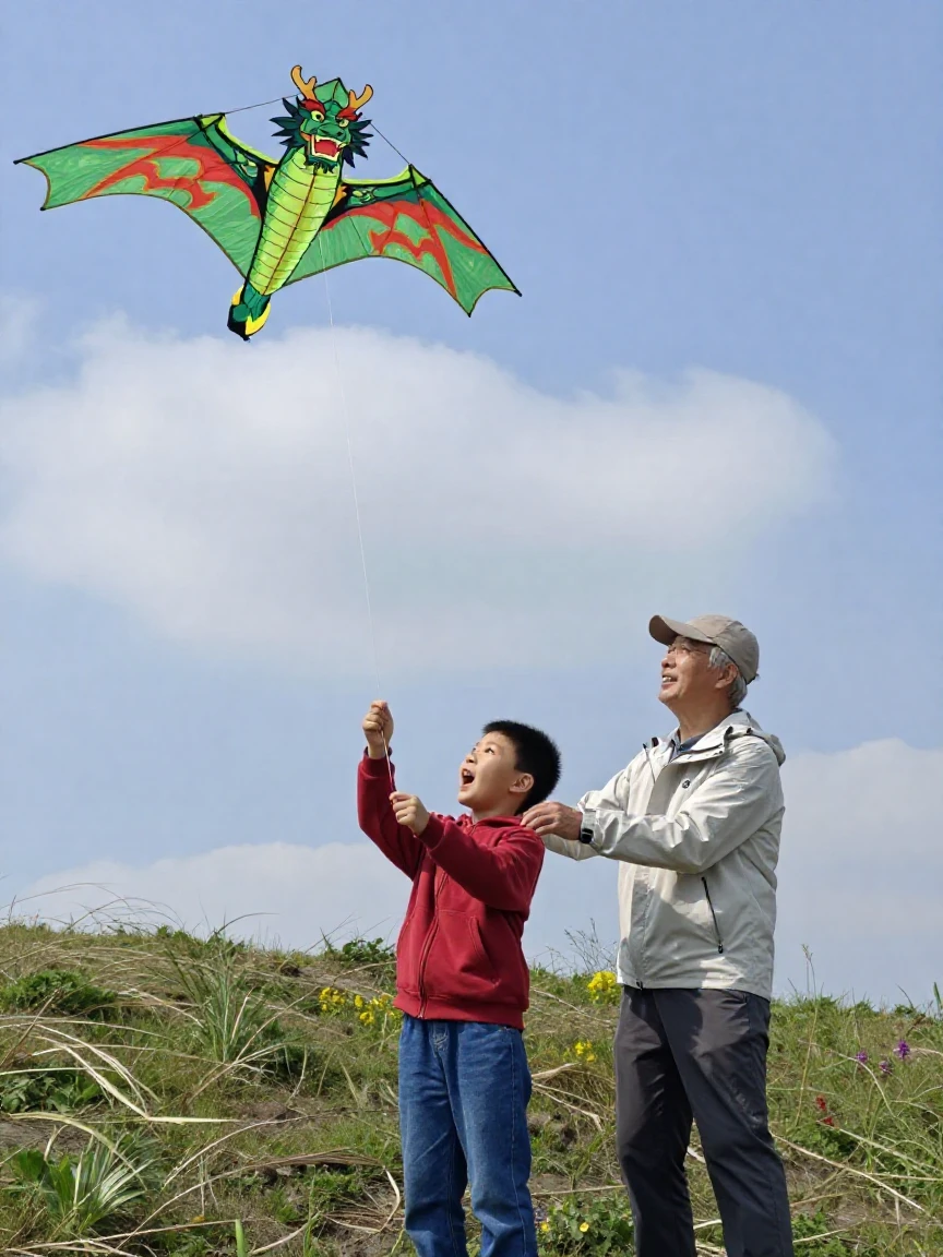 A boy and his grandfather fly a kite shaped like a dragon on a windy hilltop.
