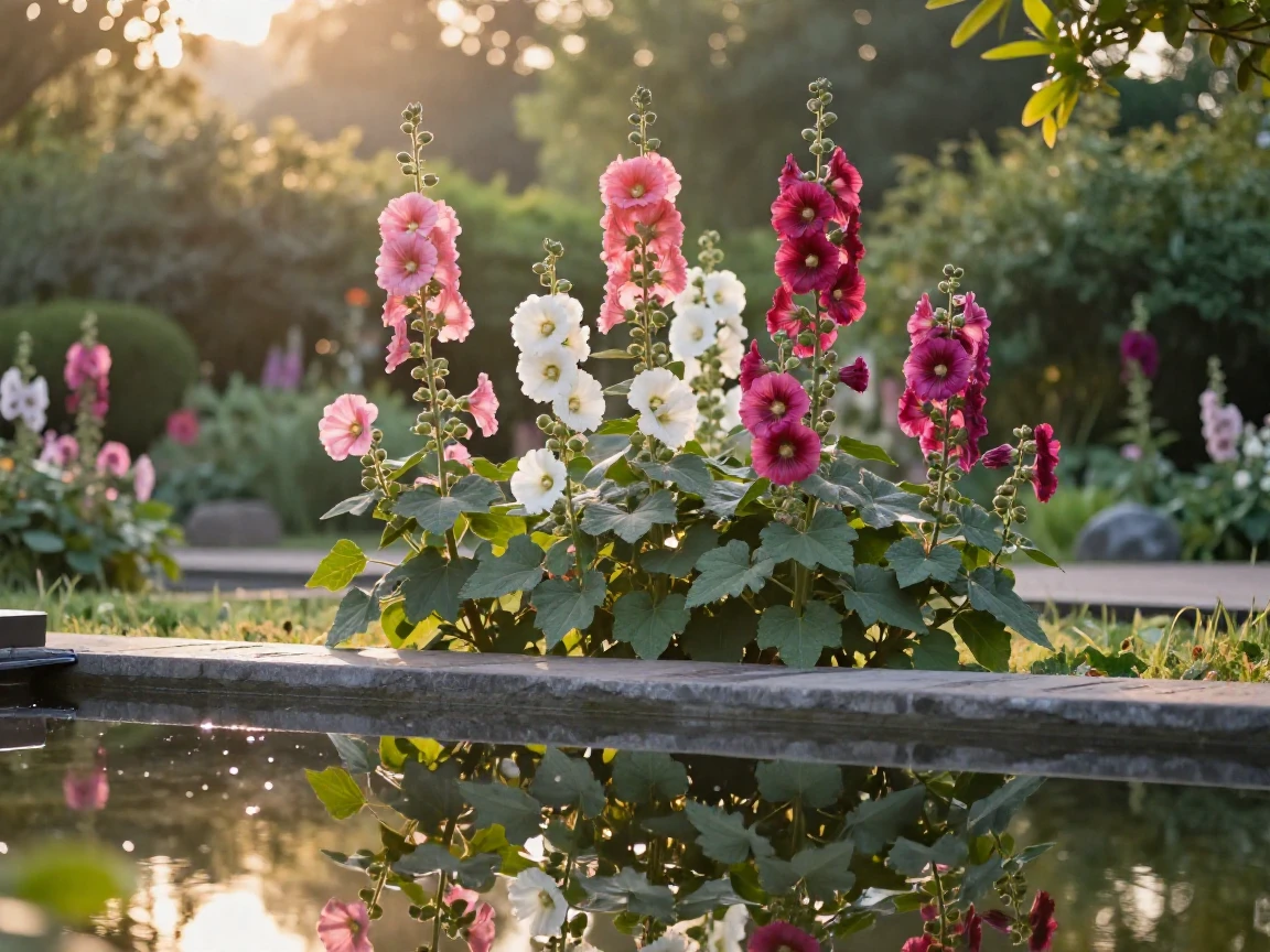A garden of towering hollyhocks reflected in a still garden pond