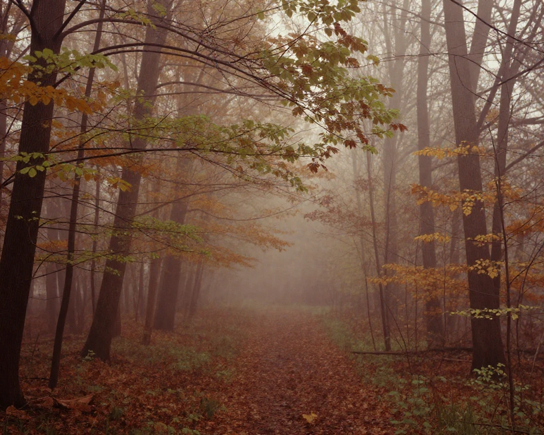 A quiet forest shrouded in thick morning mist, in dappled light filtering through leaves, under a light drizzle, in early spring, dominated by warm amber and rust tones, from behind, looking toward the horizon.