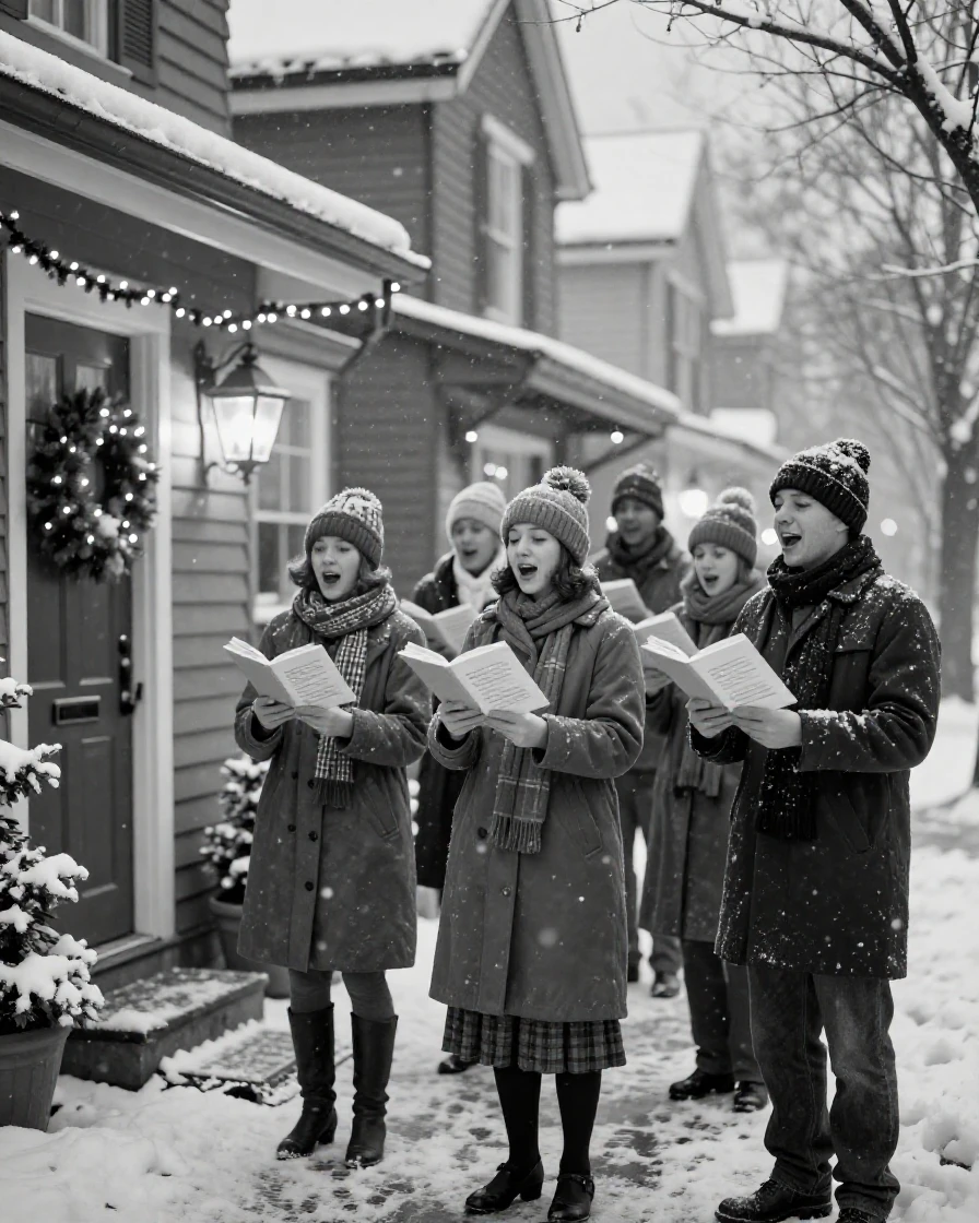 A group of carolers sings beneath falling snow outside a row of decorated houses.