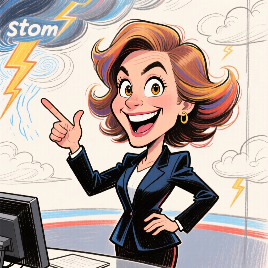 A confident TV weather reporter gesturing dramatically at an invisible storm map.
