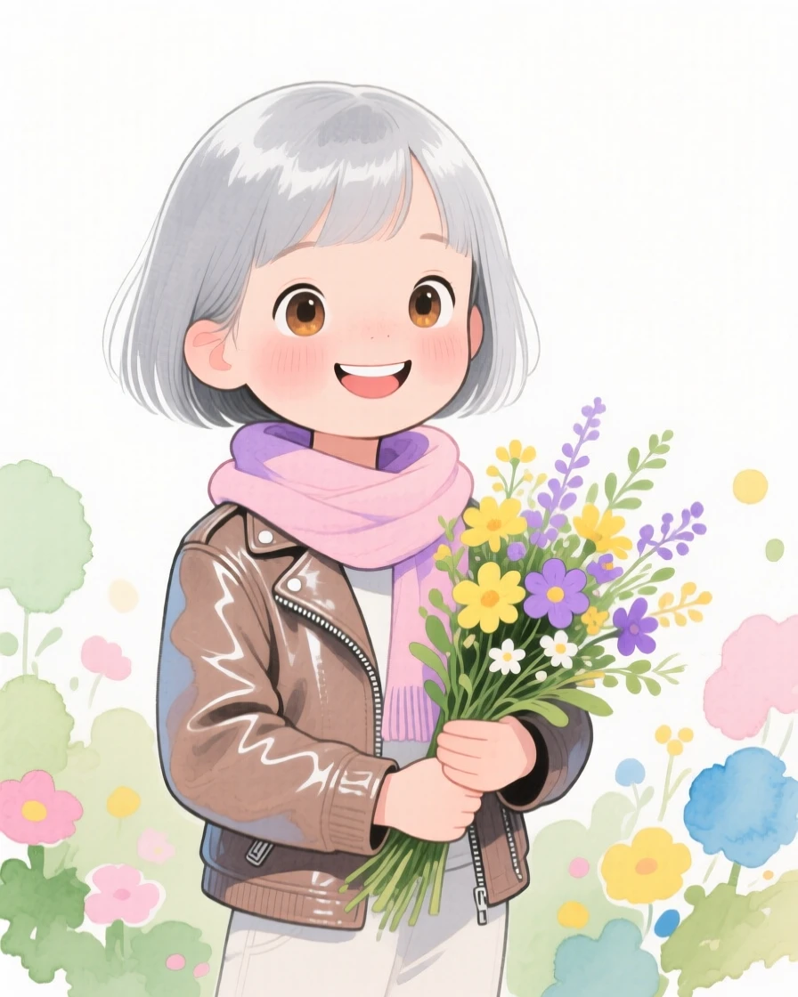 A little girl with a sleek silver bob, smiling warmly, wearing a leather jacket with a scarf and cradling a bouquet of wildflowers, in front of a blooming garden