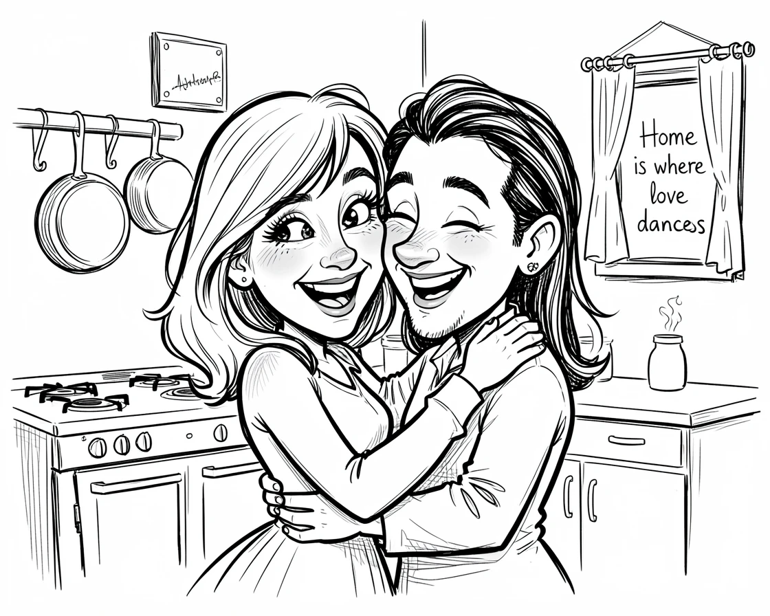 [Family & Relationship Moments] Heartwarming scene of a couple dancing cheek to cheek in their kitchen, radiating love and warmth