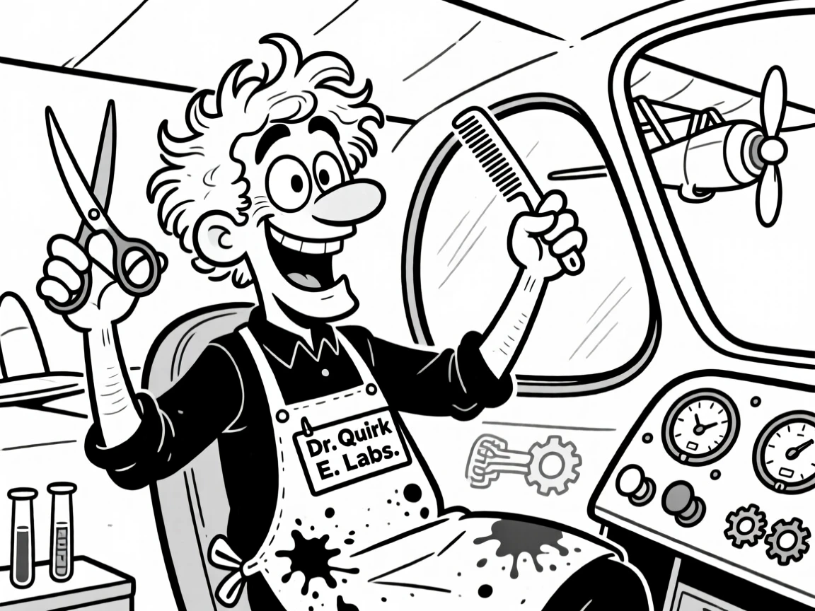 A quirky scientist with wild frizzy hair, holding scissors and a comb like conductor's batons, set in the cockpit of a small propeller plane. A name tag hangs crookedly from a stained apron. The scene celebrates the quiet heroism of everyday work.