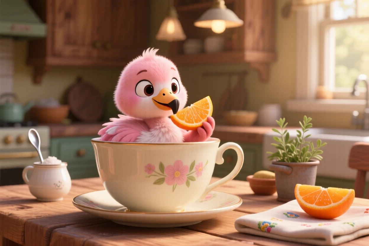 A baby flamingo is tucked into a teacup on a kitchen table, nibbling on a piece of fruit. A quiet, comforting sweetness surrounds the scene, with soft light catching its fur.
