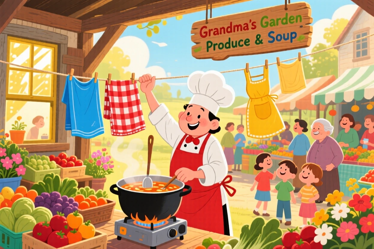 In a sunny farmers market, a chef stirring a big pot of soup is busy hanging laundry on a line between two windows, with warm light spilling from every window.