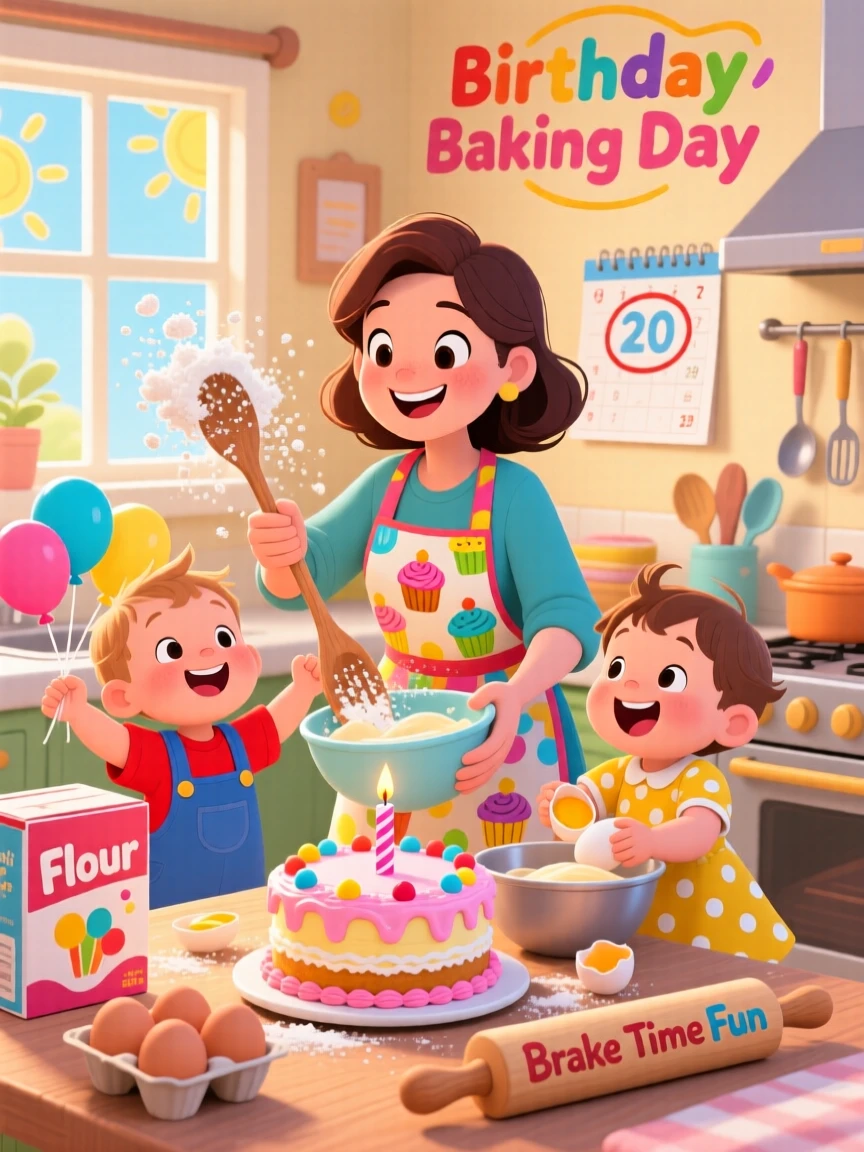 A mother teaching her twins to bake a birthday cake.