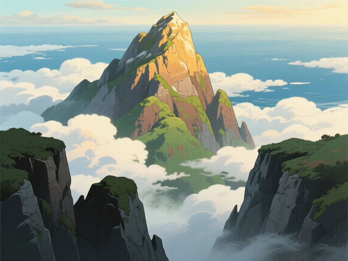 A stunning view of a rugged mountain peak piercing through a sea of clouds, framed by silhouetted cliffs in the foreground.