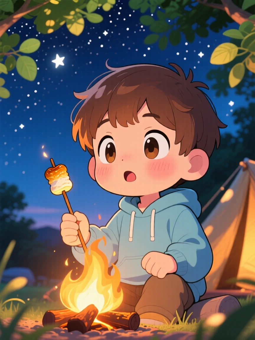 In a family camping site, a young boy is roasting a marshmallow over a campfire under a starry midsummer night sky, bathed in warm morning light filtering through leaves, expression full of gentle surprise. Shot as an extreme close-up.