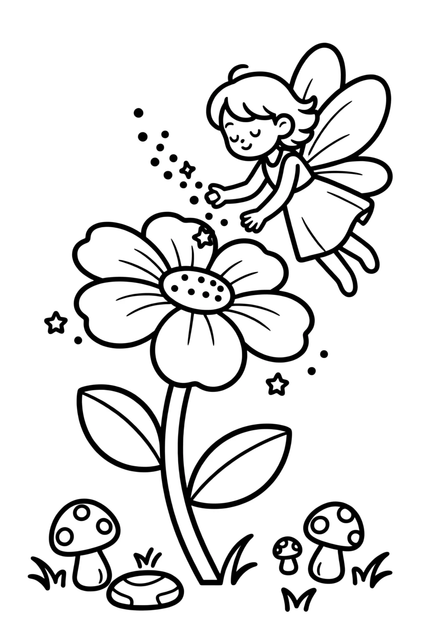 A tiny fairy sprinkling glitter dust over a sleeping flower
