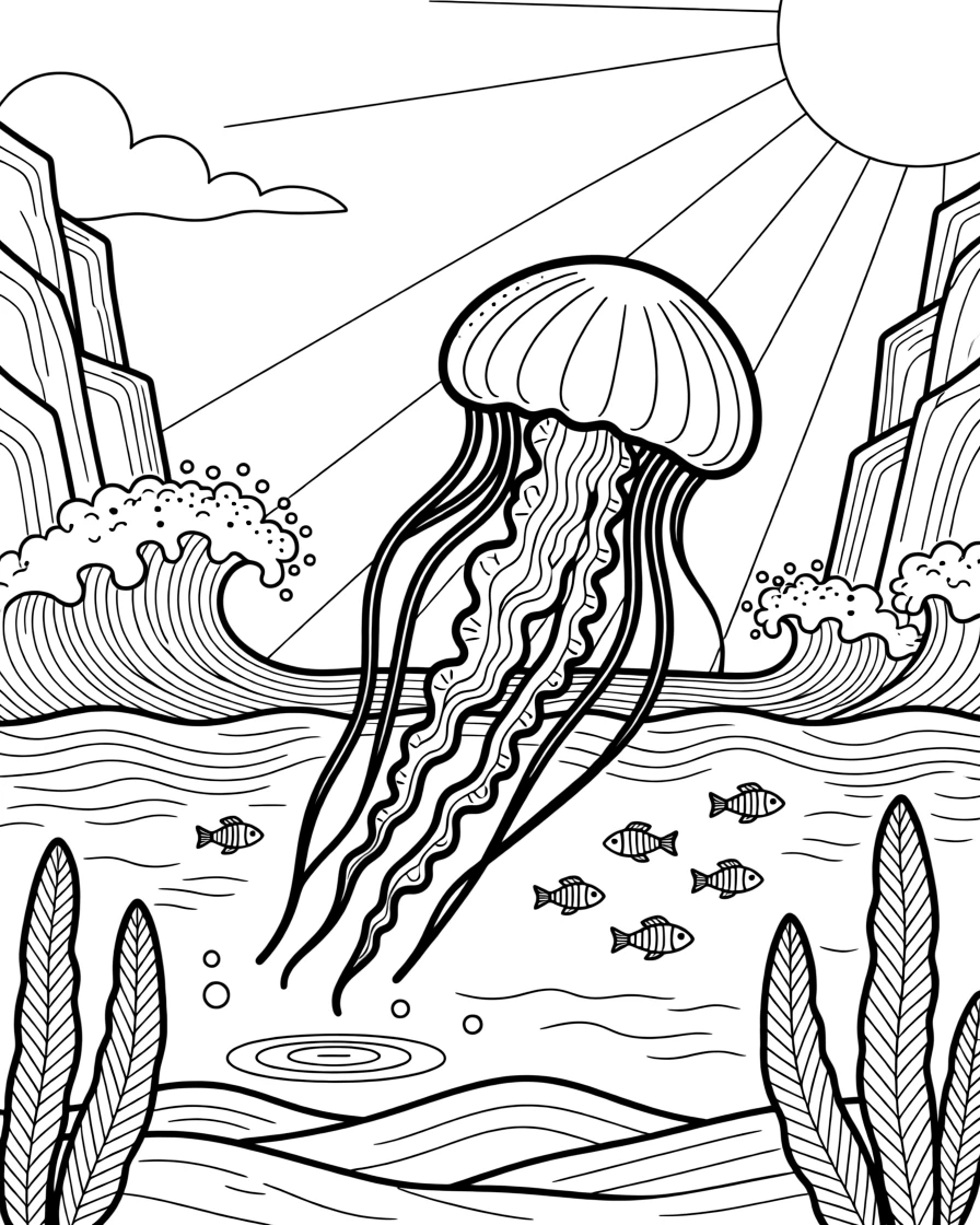 A jellyfish drifting through sunbeams in deep water, with waves crashing dramatically in the background.
