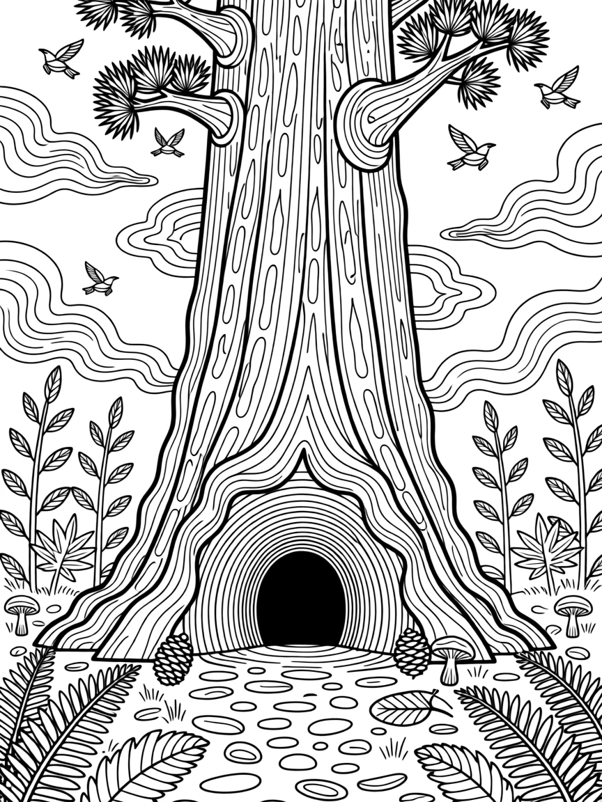 A towering sequoia trunk with a tunnel carved through its base.