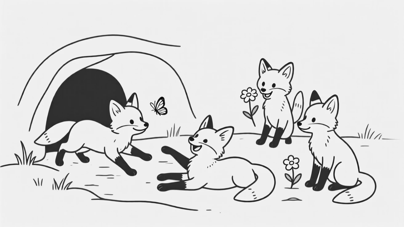 A litter of fox kits playing outside their den