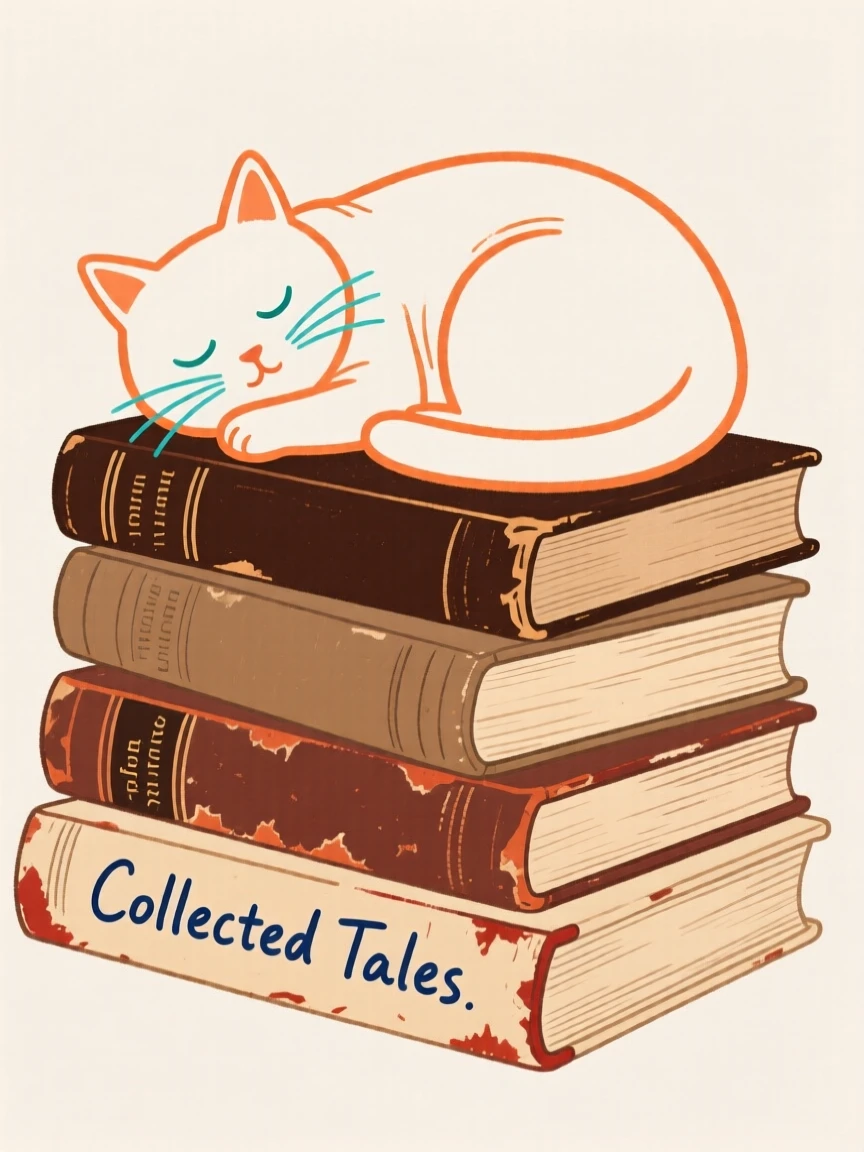 A cat curled up asleep on a stack of old books.