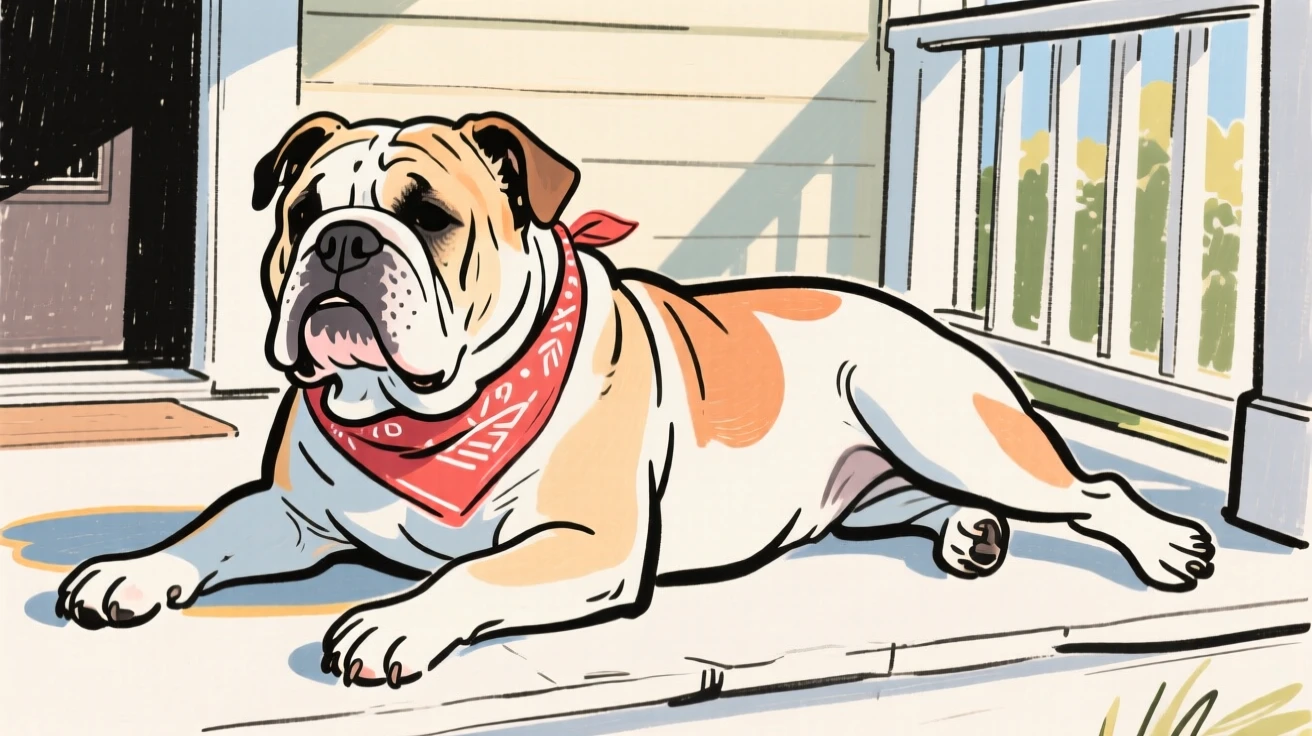 A bulldog wearing a bandana lounging on a porch in the sun.