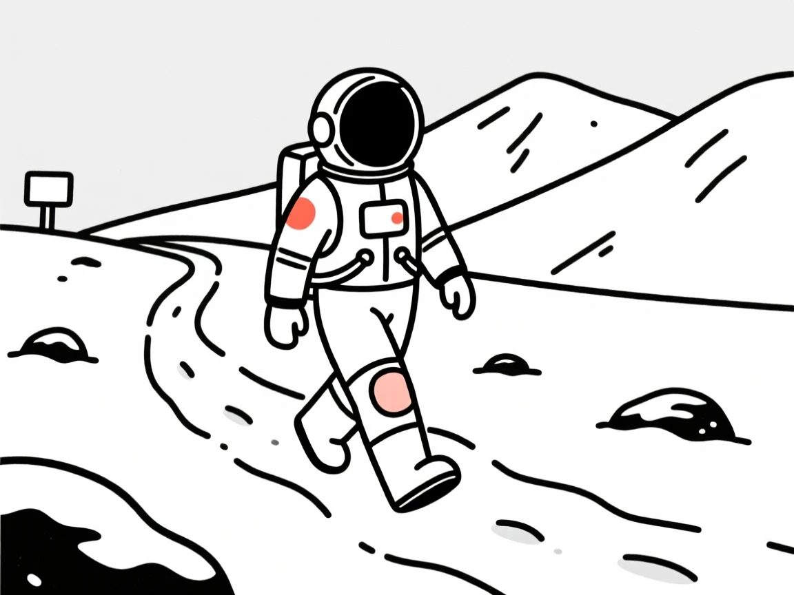 An astronaut in training on a snowy mountain trail.