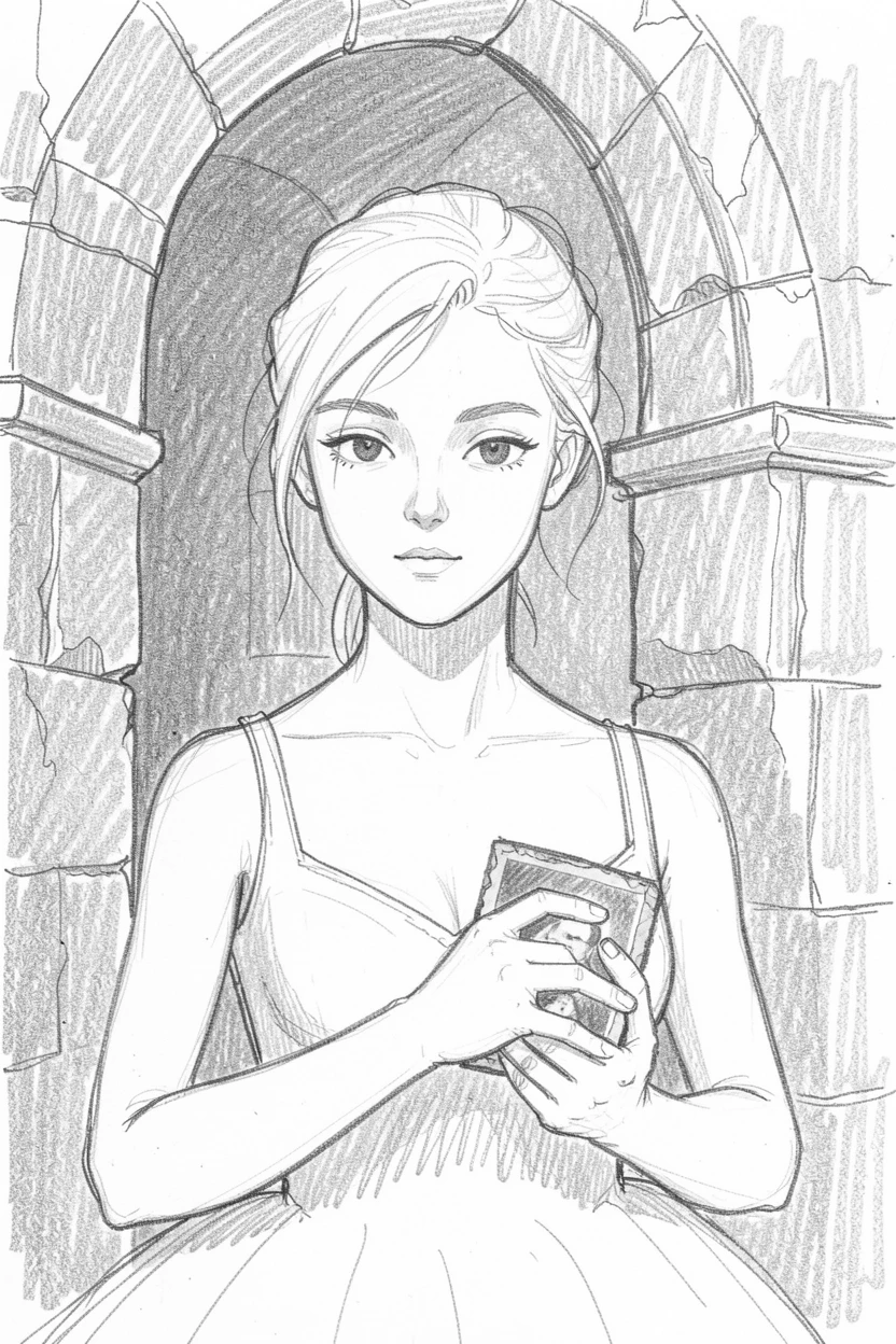 Intimate close-up of a graceful young ballerina near an ancient stone archway, clutching an old photograph.