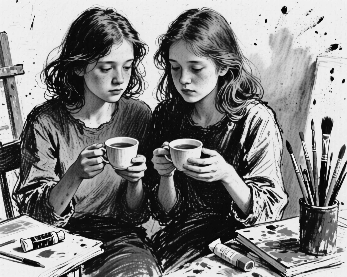Twin sisters holding a cup of tea with both hands, lost in memory, in an artist's studio.