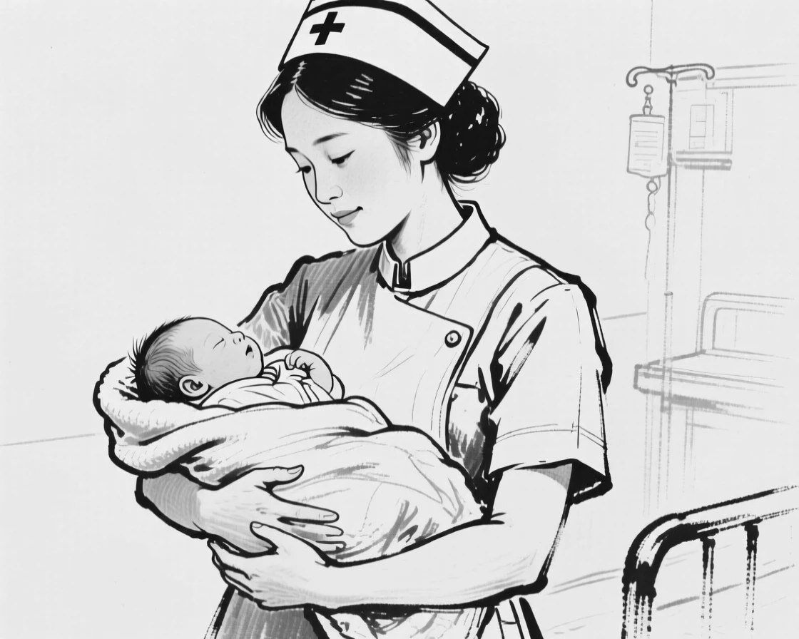 A nurse cradling a newborn baby in a warm hospital blanket.