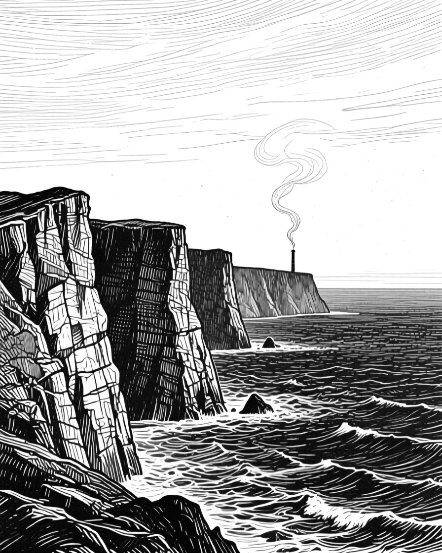 A row of ancient sea cliffs at the edge of an endless horizon, with a thin trail of smoke from a distant chimney, evoking a windswept and dramatic atmosphere in a wide, balanced composition.