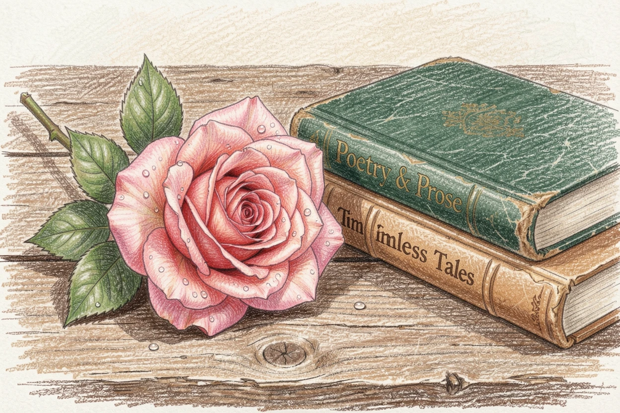 A single blooming rose with dew drops on its petals, resting on a rustic wooden table beside vintage books, perfect for a peaceful, feminine, and timeless aesthetic.