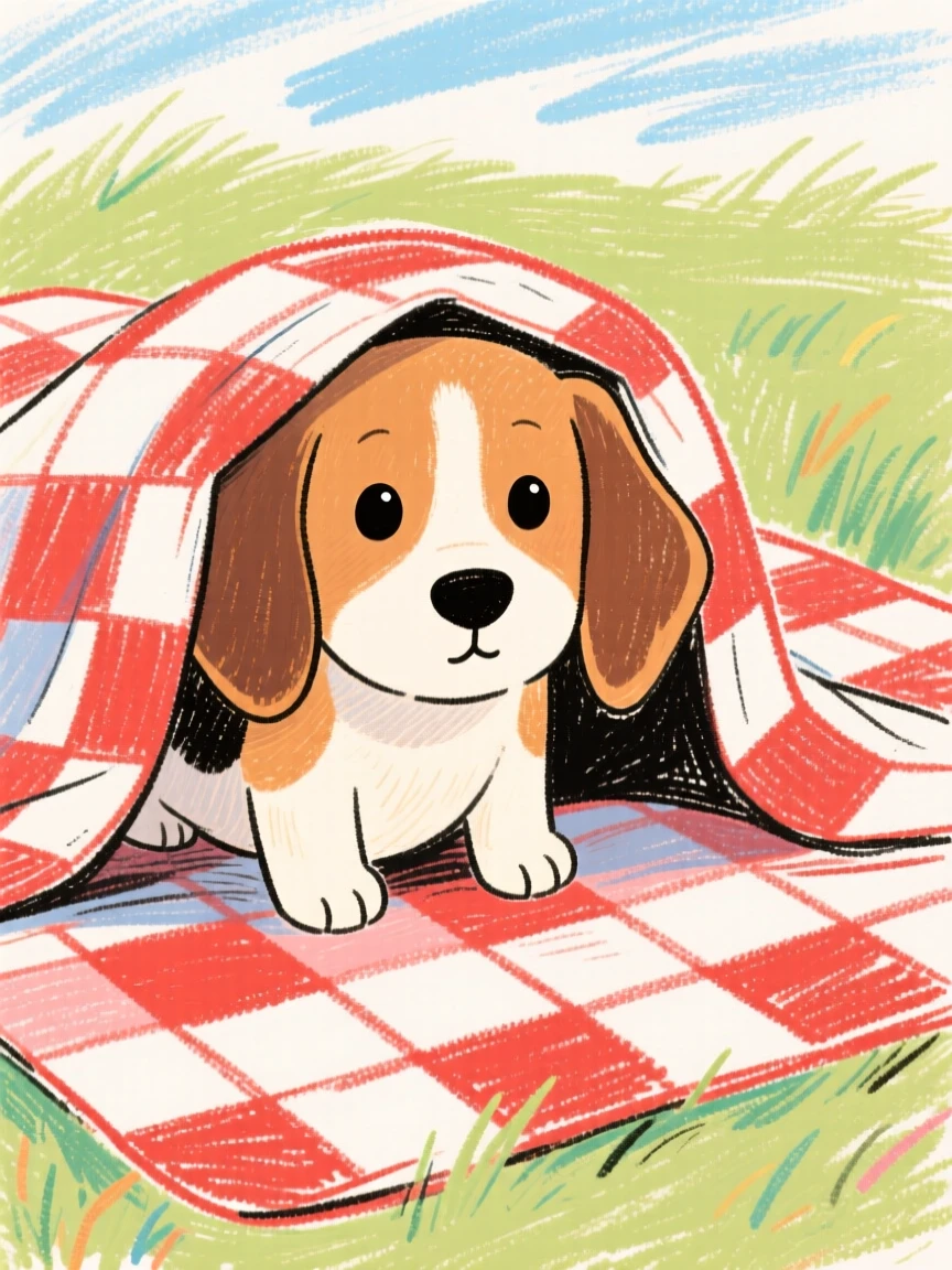 A beagle puppy peeking out from beneath a checkered picnic blanket.