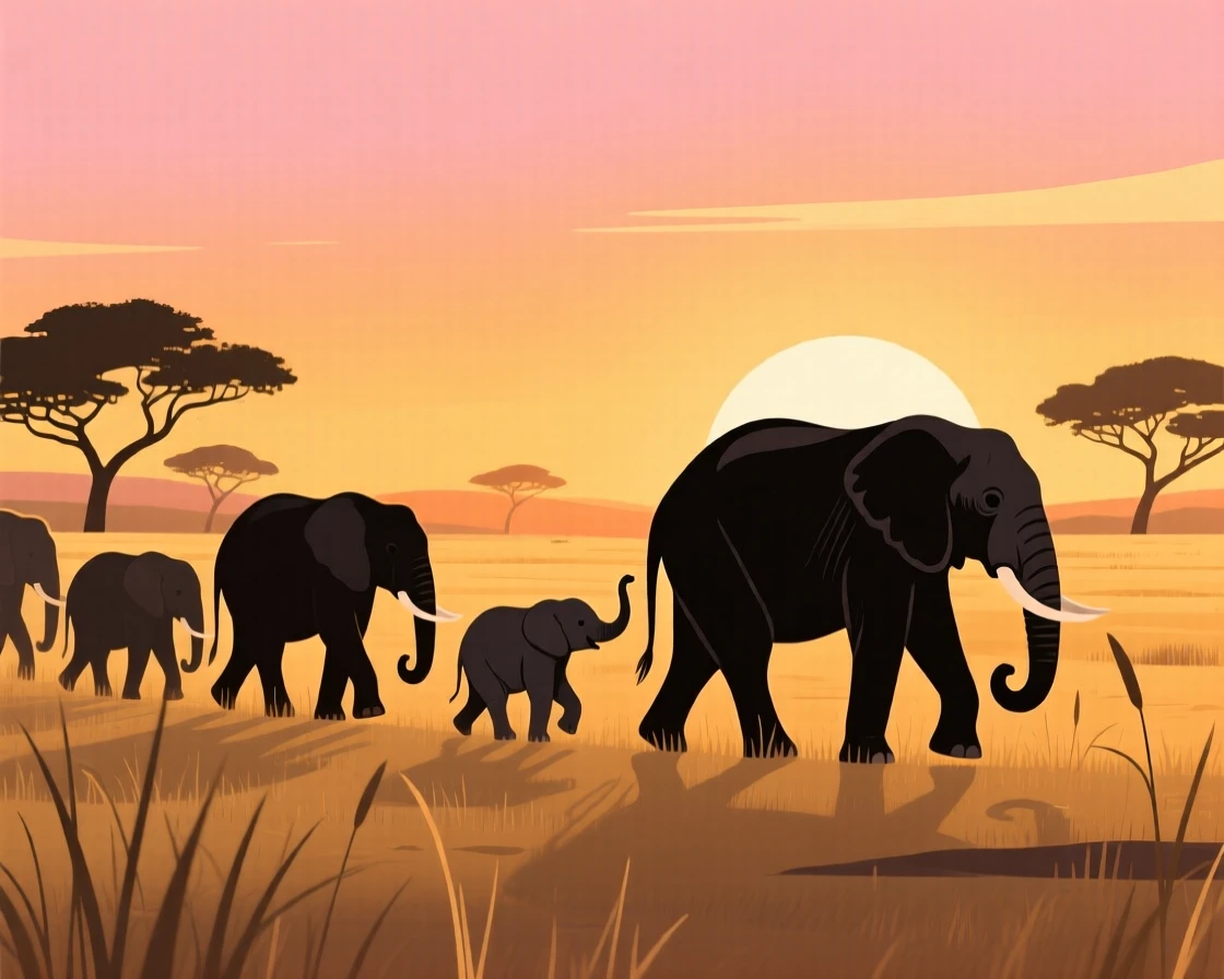A herd of elephants walking together at sunset, positioned against a warm golden savanna at sunset, positioned slightly off-center following the rule of thirds, with a sense of playful curiosity captured perfectly.