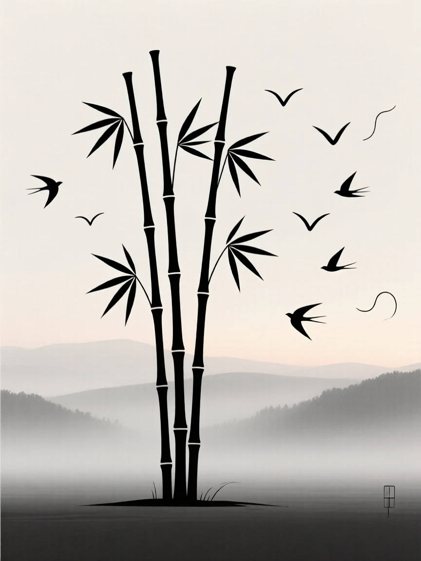 A bamboo grove, silhouetted alone against a misty valley at dawn, surrounded by a flock of migrating birds, full of serene isolation.