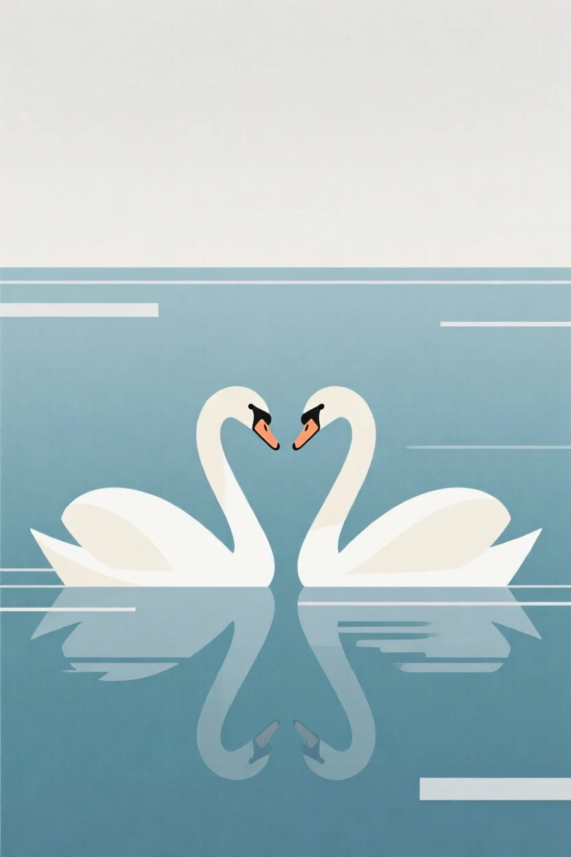A pair of swans gliding across a still lake